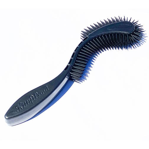 Curved pet grooming brush with black bristles and a blue handle.