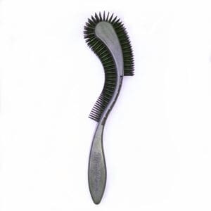A curved brush with stiff bristles and a handle.